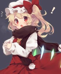 Rule 34 | 1girl, :o, ascot, blonde hair, blush, fang, flandre scarlet, hat, highres, long sleeves, looking at viewer, open mouth, own hands together, pointy ears, red eyes, scarf, short hair, side ponytail, skirt, skirt set, smile, solo, touhou, usamata, wings