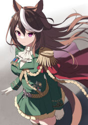 Rule 34 | 1girl, animal ears, black thighhighs, breasts, brown hair, cape, closed mouth, epaulettes, floating hair, gloves, green jacket, green skirt, horse ears, horse girl, horse tail, jacket, long hair, long sleeves, looking at viewer, mauve, medium breasts, multicolored hair, purple eyes, red cape, shirt, single epaulette, skirt, solo, standing, streaked hair, symboli rudolf (umamusume), tail, thighhighs, two-tone hair, umamusume, very long hair, white gloves, white hair, white shirt