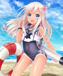 Rule 34 | 10s, 1girl, blonde hair, blue eyes, crop top, flower, hair flower, hair ornament, kantai collection, lifebuoy, long hair, looking at viewer, one-piece swimsuit, ro-500 (kancolle), sailor collar, school swimsuit, swim ring, swimsuit, swimsuit under clothes, torpedo, u rin
