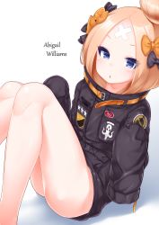 Rule 34 | 1girl, :o, abigail williams (fate), abigail williams (traveling outfit) (fate), belt, black bow, black jacket, blonde hair, blue eyes, blush, bow, commentary request, crossed bandaids, fate/grand order, fate (series), forehead, hair bow, hair bun, heroic spirit traveling outfit, highres, jacket, kirisame mia, long sleeves, looking at viewer, no panties, official alternate costume, orange belt, orange bow, parted bangs, polka dot, polka dot bow, single hair bun, sitting, sleeves past fingers, sleeves past wrists, solo