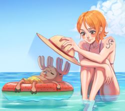 Rule 34 | 1boy, 1girl, age difference, antlers, bikini, blush, brown eyes, cloud, hat, highres, horns, nami (one piece), one piece, orange hair, short hair, sky, smile, straw hat, swimming, swimsuit, tattoo, tony tony chopper, water