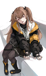Rule 34 | 1girl, :3, absurdres, armband, black footwear, black jacket, black pantyhose, black ribbon, black skirt, blush, boots, brown hair, commentary, couch, cross-laced footwear, fingerless gloves, full body, girls&#039; frontline, gloves, hair between eyes, hair ornament, hair ribbon, hairclip, heart, heart-shaped pupils, highres, jacket, lace-up boots, long hair, looking at viewer, mutugorou u, neck ribbon, off shoulder, on couch, open mouth, pantyhose, red eyes, ribbon, scar, scar across eye, scar on face, shirt, simple background, sitting, skirt, smile, solo, symbol-shaped pupils, twintails, ump9 (girls&#039; frontline), white background, white shirt, yellow armband