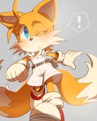 Rule 34 | !, 1girl, animal nose, belt, blue eyes, blush, closed mouth, fox girl, furry, furry female, genderswap, genderswap (mtf), gloves, misuta710, mixed-language commentary, multiple tails, one eye closed, overalls, solo, sonic (series), spoken exclamation mark, tail, tails (sonic), two tails, walking, white gloves