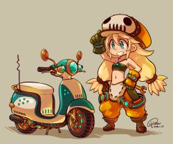 Rule 34 | 1girl, adjusting clothes, adjusting headwear, aqua eyes, baggy pants, blonde hair, boots, brown footwear, dated, gloves, graffiti smash, grin, hat, highres, jewelry, low twintails, midriff, motor vehicle, navel, necklace, pants, scooter, signature, smile, solo, strapless, suparu (detteiu), tube top, twintails
