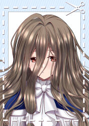 Rule 34 | 1girl, absurdres, blue background, blue capelet, blush, bow, brown eyes, brown hair, capelet, commentary request, hair between eyes, hair tubes, highres, long hair, looking at viewer, parted lips, sawwei005, scissors, sense (sousou no frieren), solo, sousou no frieren, white background, white bow