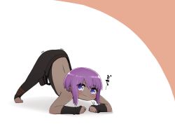 Rule 34 | 1girl, :3, ass, bare shoulders, black bodysuit, blush, bodysuit, brown background, chibi, dark-skinned female, dark skin, dot nose, fate/prototype, fate/prototype: fragments of blue and silver, fate (series), hair between eyes, hassan of serenity (fate), highres, i.u.y, jack-o&#039; challenge, looking at viewer, meme, purple eyes, purple hair, shadow, solo, spread legs, top-down bottom-up, two-tone background, white background, wide spread legs