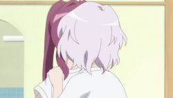 Rule 34 | 2girls, animated, animated gif, blank eyes, blush, empty eyes, excited, closed eyes, fainting, female focus, glasses, hands on own cheeks, hands on own face, hands on shoulders, happy, ikeda chitose, kiss, lowres, multiple girls, non-web source, open mouth, ponytail, purple eyes, purple hair, screencap, shirt, short hair, silver hair, smile, subtext, sugiura ayano, yuri, yuru yuri