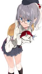 Rule 34 | 10s, 1girl, adjusting eyewear, bad id, bad pixiv id, beret, black skirt, black socks, blue eyes, breasts, buttons, collared shirt, double-breasted, epaulettes, eyebrows, frilled sleeves, frills, glasses, gloves, grey hair, grey shirt, hair between eyes, hand up, hat, highres, kantai collection, kashima (kancolle), kayahara, kneehighs, large breasts, leaning forward, light smile, military, military uniform, neckerchief, pleated skirt, shadow, shirt, simple background, skirt, socks, solo, standing, thighs, twintails, uniform, white background, white gloves