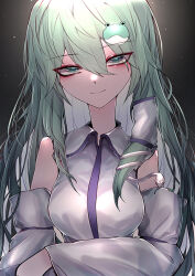 Rule 34 | 1girl, 33 gaff, black background, closed mouth, commentary, detached sleeves, frog hair ornament, green eyes, grey hair, hair between eyes, hair ornament, kochiya sanae, long hair, looking at viewer, smile, snake hair ornament, solo, touhou, upper body