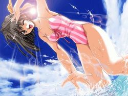 Rule 34 | 1990s (style), 1girl, ;d, arm up, armpits, beach, black hair, blush, breasts, brown eyes, brown hair, casual one-piece swimsuit, cloud, collarbone, day, duplicate, dutch angle, enomoto tsukasa, from side, front-tie top, game cg, hair ribbon, happy, jpeg artifacts, lens flare, light rays, looking at viewer, medium breasts, mitsumi misato, one-piece swimsuit, one eye closed, open mouth, orange ribbon, outdoors, pia carrot (series), pia carrot e youkoso!!, pia carrot e youkoso!! 2, pink one-piece swimsuit, retro artstyle, ribbon, shading eyes, short hair, sky, smile, solo, splashing, standing, striped clothes, striped one-piece swimsuit, sun, sunbeam, sunlight, swimsuit, thighs, vertical-striped clothes, vertical-striped one-piece swimsuit, wading, water, wink