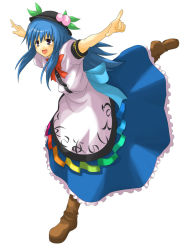 Rule 34 | 1girl, :d, bad id, bad pixiv id, blue hair, blue skirt, boots, bow, bowtie, brown footwear, female focus, food, fruit, full body, hat, hinanawi tenshi, hino ryuu, hinoryu, knee boots, open mouth, outstretched arms, peach, puffy short sleeves, puffy sleeves, purple eyes, rainbow order, red bow, red bowtie, red eyes, shirt, short hair, short sleeves, sidelocks, simple background, skirt, smile, solo, touhou, white background, white shirt