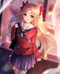 Rule 34 | 1girl, :d, black neckwear, blonde hair, blue skirt, blurry, blurry background, blush, bow, cardigan, chiachun0621, collarbone, collared shirt, cowboy shot, curtains, ereshkigal (fate), fate/grand order, fate (series), floating hair, hair bow, hair intakes, highres, long hair, long sleeves, looking at viewer, miniskirt, open mouth, open window, pleated skirt, red bow, red cardigan, red eyes, sailor collar, sailor shirt, school uniform, shirt, signature, skirt, smile, solo, standing, very long hair, white sailor collar, white shirt, window