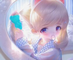 Rule 34 | 1girl, absurdres, animal ears, backlighting, blonde hair, blush, cat ears, commentary, fake animal ears, hair ornament, hair tie in mouth, hairclip, highres, indoors, medium hair, mirror, mouth hold, original, pink eyes, reflection, sailor collar, shiratsuyu mone, smile, solo, symbol-only commentary, twintails, tying hair
