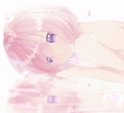 Rule 34 | 1girl, bare back, blurry, closed mouth, fate/grand order, fate (series), highres, light purple hair, mash kyrielight, nude, pink hair, purple eyes, reflection, simple background, smile, solo, user crvv2428, water drop, white background