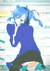 Rule 34 | 1girl, ad, aqua skirt, ass, black skirt, black thighhighs, blue hair, blue jacket, blunt ends, closed mouth, colored eyelashes, cowboy shot, drawing (object), ene (kagerou project), english text, facial mark, fake screenshot, from behind, headphones, jacket, kagerou project, keyboard (computer), looking at viewer, looking back, mekakucity actors, miniskirt, mixed-language text, mokemoke chan, pleated skirt, skirt, sleeves past fingers, sleeves past wrists, solo, thighhighs, turning head, twintails, two-tone skirt, very long sleeves, watermark, wavy mouth, web address