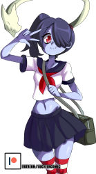 Rule 34 | 1girl, absurdres, alternate costume, arm up, artist name, bag, blue sailor collar, blue skin, blue skirt, breasts, closed eyes, closed mouth, colored skin, female focus, hair over one eye, hand up, happy, highres, legs together, leviathan (skullgirls), looking at viewer, lucyfer, midriff, miniskirt, navel, neckerchief, patreon logo, patreon username, pleated skirt, purple hair, red eyes, red neckerchief, red thighhighs, sailor collar, school uniform, serafuku, shiny skin, shirt, short sleeves, side ponytail, simple background, skindentation, skirt, skullgirls, small breasts, smile, solo, squigly (skullgirls), standing, stitched mouth, stitches, striped clothes, striped thighhighs, thigh gap, thighhighs, w, watermark, web address, white background, white shirt, zettai ryouiki, zombie