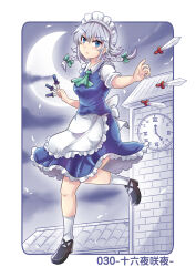 Rule 34 | 1girl, apron, ascot, between fingers, blue eyes, bow, braid, clock, clock tower, colonel aki, commentary request, crescent moon, foreshortening, grey hair, hair between eyes, hair bow, holding, holding knife, izayoi sakuya, knife, looking at viewer, maid, maid apron, maid headdress, moon, night, night sky, shoes, short sleeves, skirt, sky, socks, solo, throwing, touhou, tower, translation request, twin braids