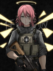 1girl absurdres alternate_costume ammunition_pouch angel angel_wings arknights assault_rifle bags_under_eyes belt black_gloves black_sweater blood bulletproof_vest commentary cowboy_shot dark_background detached_wings energy_wings english_commentary english_text expressionless exusiai_(arknights) fingerless_gloves gloves grey_pants gun h&amp;k_hk416 halo headset highres holding holding_gun holding_weapon hood hood_down hooded_jacket jacket logo long_sleeves looking_at_viewer magazine_(weapon) nosebleed optical_sight pants penguin_logistics_(arknights) penguin_logistics_logo pouch red_hair rifle short_hair sidelocks sleeves_rolled_up solo standing sweater tactical_clothes traditional_halo trigger_discipline turtleneck turtleneck_sweater user_ves1082 walkie-talkie watch weapon wings