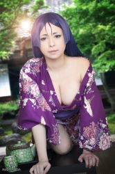 Rule 34 | 1girl, breasts, cleavage, cosplay, downblouse, fate/grand order, fate (series), female focus, highres, japanese clothes, kimono, large breasts, leaning forward, long hair, looking at viewer, matching hair/eyes, minamoto no raikou (fate), minamoto no raikou (fate) (cosplay), no bra, outdoors, photo (medium), purple eyes, purple hair, solo, yoshinobi cos, yukata