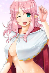 Rule 34 | 1girl, bad id, bad pixiv id, blue eyes, blush, breasts, cloak, female focus, large breasts, looking at viewer, media (quiz magic academy), navel, one eye closed, open mouth, pink hair, pointy ears, quiz magic academy, sideboob, smile, solo, sonremongi, wink