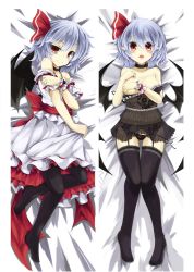 Rule 34 | 1girl, akisome hatsuka, bare shoulders, bat wings, bed sheet, black panties, black thighhighs, blue hair, blush, breast slip, camisole, choker, covering privates, covering breasts, dakimakura (medium), frills, garter belt, lingerie, looking at viewer, lying, md5 mismatch, multiple views, off shoulder, on back, one breast out, open mouth, panties, pantyshot, pointy ears, red eyes, remilia scarlet, resolution mismatch, sash, short hair, skirt, skirt set, smile, source smaller, thighhighs, touhou, underwear, upskirt, wings, wrist cuffs