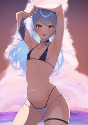 Rule 34 | 1girl, :p, absurdres, armpits, arms up, bikini, blue eyes, blue hair, blue nails, blush, bottle, breasts, choker, closed mouth, cloud, crop top, highres, holding, holding bottle, hololive, hoshimachi suisei, inuinuo gataken, layered bikini, long hair, looking at viewer, nail polish, navel, ocean, open fly, pendant choker, side-tie bikini bottom, small breasts, solo, star (symbol), star bracelet, star in eye, stomach, sunset, swimsuit, symbol in eye, tank top, thigh strap, thong bikini, tongue, tongue out, virtual youtuber