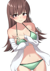 Rule 34 | 1girl, akahi242, bikini, breasts, brown eyes, brown hair, cleavage, cowboy shot, dress shirt, green bikini, highres, kantai collection, large breasts, long hair, looking at viewer, one-hour drawing challenge, ooi (kancolle), open clothes, open shirt, shirt, simple background, solo, swimsuit, white background, white shirt
