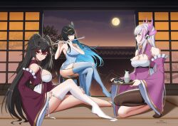 Rule 34 | 3girls, alternate breast size, bare arms, black hair, black thighhighs, blue hair, blue thighhighs, bottle, breasts, china dress, chinese clothes, choko (cup), cleavage, colored inner hair, crossed bangs, cup, detached sleeves, dress, fake horns, flute, full moon, grey hair, hair between eyes, hair ornament, headgear, headphones, highres, horns, large breasts, liv (punishing: gray raven), long hair, looking at viewer, lucia: plume (punishing: gray raven), moon, multicolored hair, multiple girls, pantyhose, pink eyes, pink hair, playing flute, punishing: gray raven, purple dress, putting on legwear, red hair, sake bottle, selena (punishing: gray raven), sidelocks, single bare leg, single leg pantyhose, single thighhigh, skaven gongcheng shushi, sleeves past wrists, small horns, streaked hair, thighhighs, transverse flute, twintails, very long hair, white pantyhose, wide sleeves