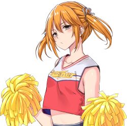 Rule 34 | 1girl, bare shoulders, blush, bow, breasts, brown eyes, cheerleader, closed mouth, collarbone, crop top, cropped shirt, from side, grey bow, hair between eyes, hair bow, hands up, holding, holding pom poms, idashige (walkietalkie), idolmaster, idolmaster cinderella girls, idolmaster cinderella girls starlight stage, long hair, looking at viewer, midriff, orange hair, pom pom (cheerleading), pom poms, print shirt, red shirt, shirt, simple background, sleeveless, sleeveless shirt, small breasts, solo, text print, twintails, upper body, white background, yuuki haru