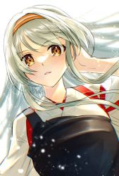 Rule 34 | 1girl, alto2019, blush, breasts, hand in own hair, headband, highres, japanese clothes, kantai collection, long hair, looking at viewer, muneate, one-hour drawing challenge, orange eyes, orange headband, parted lips, shoukaku (kancolle), shoukaku kai ni (kancolle), signature, simple background, solo, tasuki, upper body, white background, white hair
