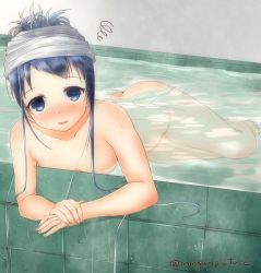 Rule 34 | 1girl, bathing, blue eyes, blue hair, blush, breasts, collarbone, completely nude, kantai collection, long hair, looking at viewer, mae (maesanpicture), medium breasts, nude, onsen, open mouth, partially submerged, samidare (kancolle), solo, towel, towel on head, twitter username