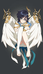 Rule 34 | 1boy, :o, absurdres, androgynous, aqua eyes, barefoot, black hair, blue hair, blush, braid, bridal gauntlets, capelet, commentary request, crossed arms, eyelashes, feathered wings, feet, floating hair, flower, full body, genshin impact, gold trim, gradient hair, grey background, hair between eyes, hair flower, hair ornament, highres, hood, hood down, hooded capelet, kkopoli, knees up, korean commentary, light particles, looking at viewer, male focus, medium hair, multicolored hair, official alternate costume, open mouth, short hair with long locks, short shorts, shorts, side braids, sidelocks, single thighhigh, solo, thighhighs, toeless legwear, toes, twin braids, venti (archon) (genshin impact), venti (genshin impact), white capelet, white flower, white shorts, white thighhighs, white wings, wings