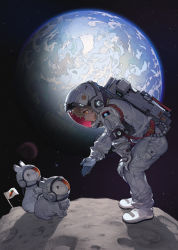 Rule 34 | 1girl, absurdres, animal, backpack, bag, belt, brown eyes, closed mouth, commentary, earth (planet), english commentary, expressionless, flag, full body, gloves, hai2022, hand on own knee, helmet, highres, light brown hair, long sleeves, looking at animal, looking at another, looking down, moon rabbit, on moon, original, planet, profile, rabbit, reaching, red belt, shadow, solo, space, space helmet, spacesuit, standing, star (sky), white footwear, white gloves