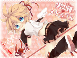 Rule 34 | 1boy, ahoge, bad id, blonde hair, blue eyes, blush, bulge, child, crossdressing, detached sleeves, fang, hair ribbon, heart, kagamine len, looking back, male focus, microphone, midriff, open mouth, panties, ponytail, ribbon, short hair, skirt, sleeves past wrists, solo, striped clothes, striped panties, tears, touyama soboro, trap, underwear, upskirt, vocaloid, wings