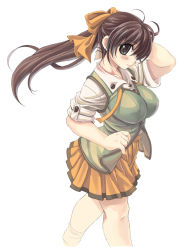 Rule 34 | 1girl, blush, breasts, brown eyes, brown hair, frills, large breasts, mil (xration), ponytail, simple background, skirt, smile, socks, solo, white background