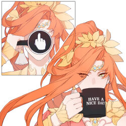 Rule 34 | 1girl, azeyma, chinese commentary, circlet, commentary request, covered face, covered mouth, cup, earrings, eyes visible through hair, final fantasy, final fantasy xiv, floating hair, high ponytail, highres, holding, holding cup, jewelry, laurel crown, long bangs, long hair, looking at viewer, middle finger, mug, orange hair, ponytail, portrait, sequential, simple background, single earring, swept bangs, white background, wo dou gao shi&#039;er shennu, yellow eyes