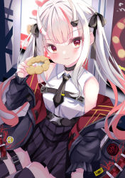 Rule 34 | 1girl, absurdres, bare shoulders, belt, black belt, black collar, black jacket, black necktie, black skirt, black thighhighs, chest belt, closed mouth, collar, collared shirt, doughnut, dress shirt, food, gradient hair, hair ribbon, highres, holding, holding food, hololive, horns, jacket, long hair, looking at viewer, multicolored hair, nakiri ayame, nakiri ayame (streetwear), necktie, off shoulder, oni, pink hair, pleated skirt, pon de ring, red eyes, ribbon, sakutuki, shirt, silver hair, sitting, skin-covered horns, skirt, sleeveless, sleeveless shirt, smile, solo, streaked hair, thigh strap, thighhighs, tie clip, twintails, virtual youtuber, white shirt