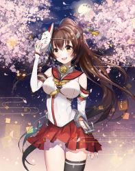 Rule 34 | 10s, 1girl, :d, bare shoulders, blush, breasts, brown eyes, brown hair, cherry blossoms, detached sleeves, fox mask, kantai collection, large breasts, long hair, looking at viewer, mask, mask on head, miniskirt, open mouth, petals, pleated skirt, ponytail, single thighhigh, skirt, smile, solo, standing, thighhighs, very long hair, wind, yamato (kancolle), yuzuki kihiro