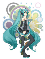 Rule 34 | 1girl, aqua eyes, aqua hair, bare shoulders, boots, detached sleeves, hatsune miku, headset, high heels, highres, itsuki (nanairo megane), long hair, looking at viewer, looking back, nail polish, necktie, skirt, smile, solo, thigh boots, thighhighs, twintails, very long hair, vocaloid