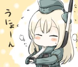 Rule 34 | 10s, 1girl, ^ ^, bad id, bad pixiv id, blonde hair, blush, candy, chibi, closed eyes, commentary request, cropped jacket, eating, engiyoshi, closed eyes, food, garrison cap, hat, headgear, heart, holding, holding food, kantai collection, long hair, long sleeves, military, military uniform, mochi, puffy long sleeves, puffy sleeves, simple background, snorkel, solo, swimsuit, text focus, u-511 (kancolle), uniform, upper body, wagashi, yellow background
