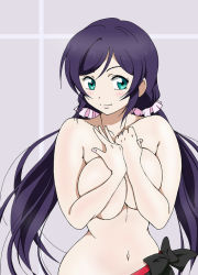 Rule 34 | 10s, 1girl, bad id, bad pixiv id, breasts squeezed together, breasts, completely nude, covering privates, covering breasts, eleven929rr, green eyes, jewelry, large breasts, long hair, looking at viewer, love live!, love live! school idol project, navel, nude, purple hair, ring, smile, solo, tojo nozomi, twintails, very long hair