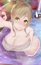 Rule 34 | 10s, 1girl, absurdres, armpits, bad id, bad pixiv id, bath, blush, breast hold, breasts, brown hair, cleavage, fang, green eyes, hair bun, half-closed eyes, highres, inuyama aoi, large breasts, looking at viewer, naked towel, onsen, partially submerged, reaching, reaching towards viewer, seductive smile, selfie, sherryqq, single hair bun, skin fang, smile, solo, swept bangs, thick eyebrows, towel, wading, water, yurucamp