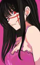 Rule 34 | 1girl, black hair, camisole, chainsaw man, cross scar, earrings, facial scar, highres, jewelry, lace-trimmed camisole, lace trim, long hair, looking at viewer, parted lips, pink camisole, red eyes, ringed eyes, sailen0, scar, scar on cheek, scar on face, sideways glance, simple background, solo, stud earrings, yellow background, yoru (chainsaw man)