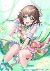 Rule 34 | 1girl, bang dream!, beret, detached collar, detached sleeves, dress, drumsticks, earrings, flower earrings, frilled dress, frills, green dress, green eyes, hat, highres, holding, holding drumsticks, jewelry, light brown hair, looking at viewer, medium hair, mikazuki mika, official art, puffy detached sleeves, puffy short sleeves, puffy sleeves, short sleeves, white hat, yamato maya