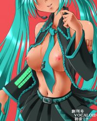 Rule 34 | 1girl, aqua hair, aqua necktie, between breasts, breasts, cover, dr rex, hatsune miku, head out of frame, long hair, magazine cover, necktie, necktie between breasts, nipples, no bra, open clothes, open shirt, shirt, skirt, smile, solo, twintails, vocaloid