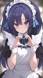 Rule 34 | 1girl, absurdres, alternate costume, apron, blue archive, blue bow, blue bowtie, blurry, blush, bow, bowtie, depth of field, enmaided, frilled apron, frills, halo, heart, heart hands, highres, long hair, looking at viewer, maid, maid apron, maid headdress, parted bangs, purple eyes, purple hair, short sleeves, sidelocks, solo, two side up, white apron, wrist cuffs, yuuka (blue archive), zeatto