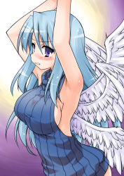 Rule 34 | 1girl, akou roushi, armpits, arms up, backless outfit, blue hair, blush, breasts, female focus, long hair, looking at viewer, multiple wings, purple eyes, ribbed sweater, sariel (touhou), sideboob, sleeveless, sleeveless turtleneck, solo, sweater, tears, touhou, touhou (pc-98), turtleneck, white wings, wings
