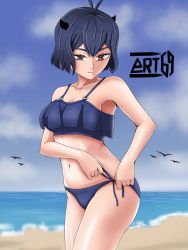 Rule 34 | 1girl, artanis69, bare shoulders, beach, bird, black clover, black hair, breasts, horns, red eyes, secre swallowtail, short hair, small breasts, swimsuit, tagme
