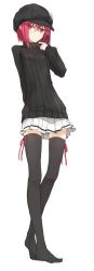 Rule 34 | 1girl, :/, adjusting clothes, ariaria (netsuki), black thighhighs, casual, female focus, full body, hat, highres, looking at viewer, miruto netsuki, no shoes, original, pleated skirt, red eyes, red hair, ribbed sweater, short hair, simple background, skirt, solo, sweater, thighhighs, white background, zettai ryouiki