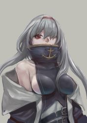 Rule 34 | 1girl, artist request, azur lane, belt, boots, breasts, breasts apart, coat, colorado (azur lane), covered mouth, grey background, hair over one eye, hairband, long hair, looking at viewer, medium breasts, red eyes, sideboob, simple background, solo, white hair